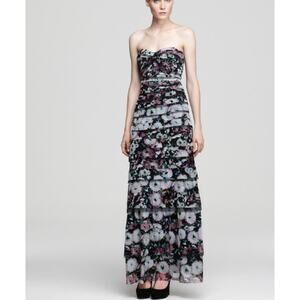 BCBG MAXAZRIA Erika strapless‎ sweetheart neckline maxi floral tiered dress sz 2